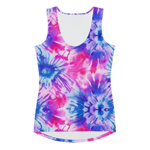Load image into Gallery viewer, Flat lay of the Radiant Swirl Tank Top showcasing the vibrant tie-dye pattern in summer hues of pink, purple, and blue.&quot;