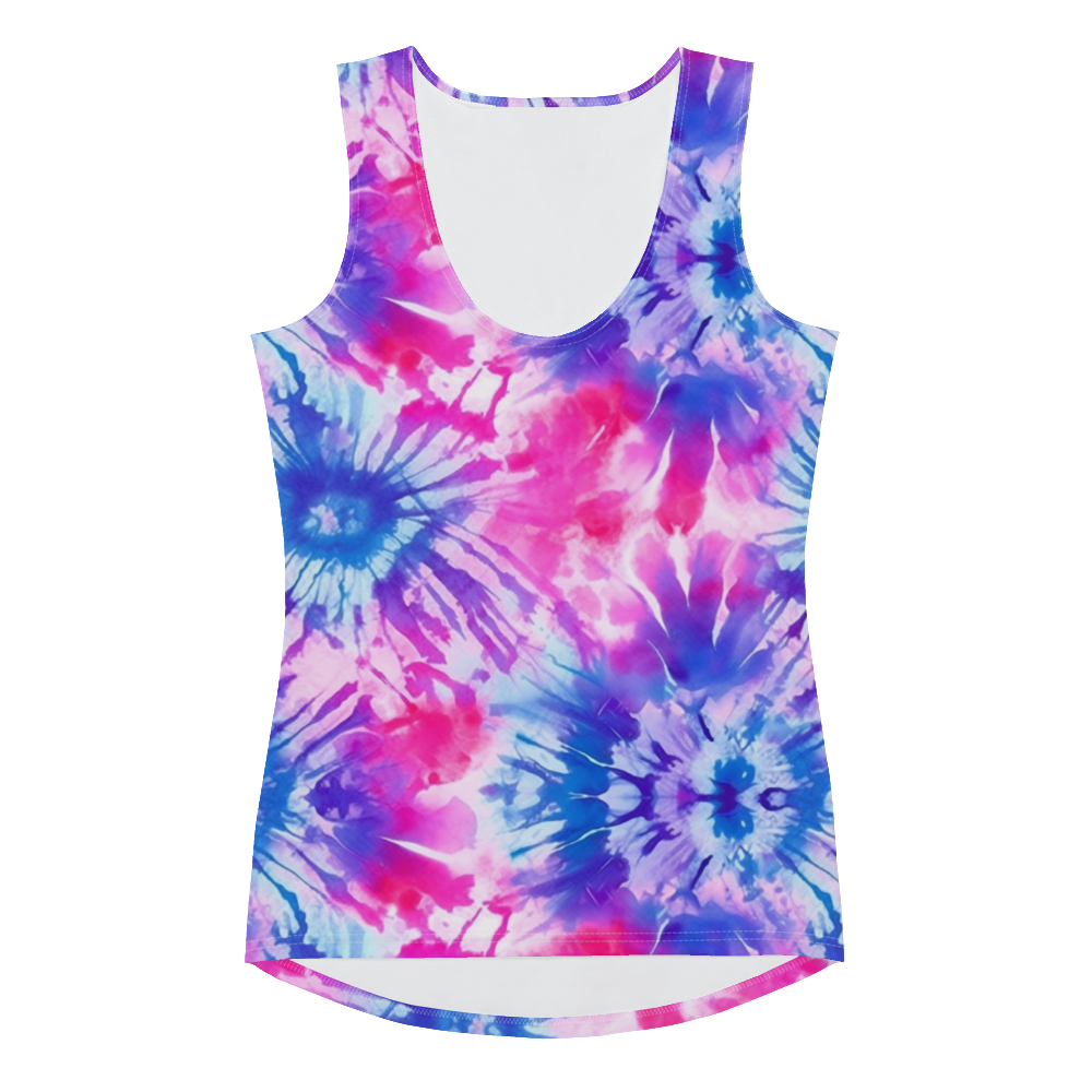 Flat lay of the Radiant Swirl Tank Top showcasing the vibrant tie-dye pattern in summer hues of pink, purple, and blue.