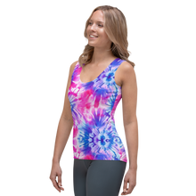 Load image into Gallery viewer, Model basking in the summer sun wearing the Radiant Swirl Tank Top, perfectly embodying the joy and vibrant style of the season