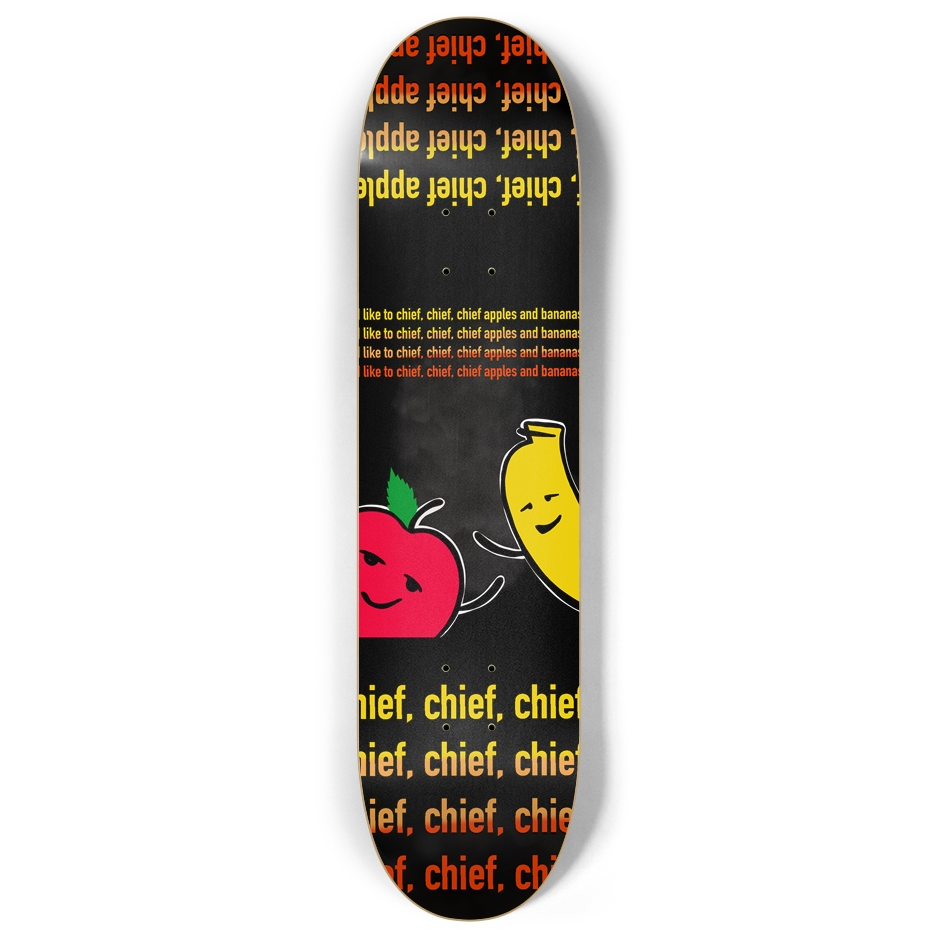 Skateboard deck with whimsically elevated apple and banana, symbolizing high spirits and a nod to cannabis culture, by Green Thumb.