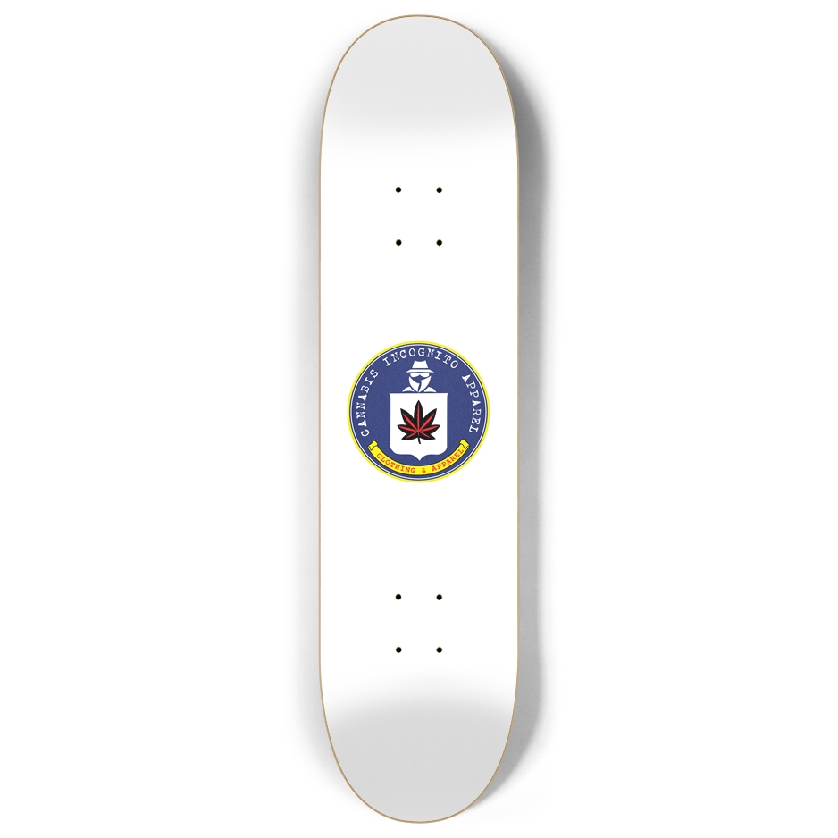Fun and branded CIA Twist color logo on a white skateboard deck by Agent Green Thumb.