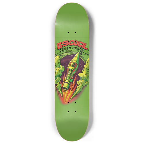 Skateboard deck with Green Crack design, folded view on table.