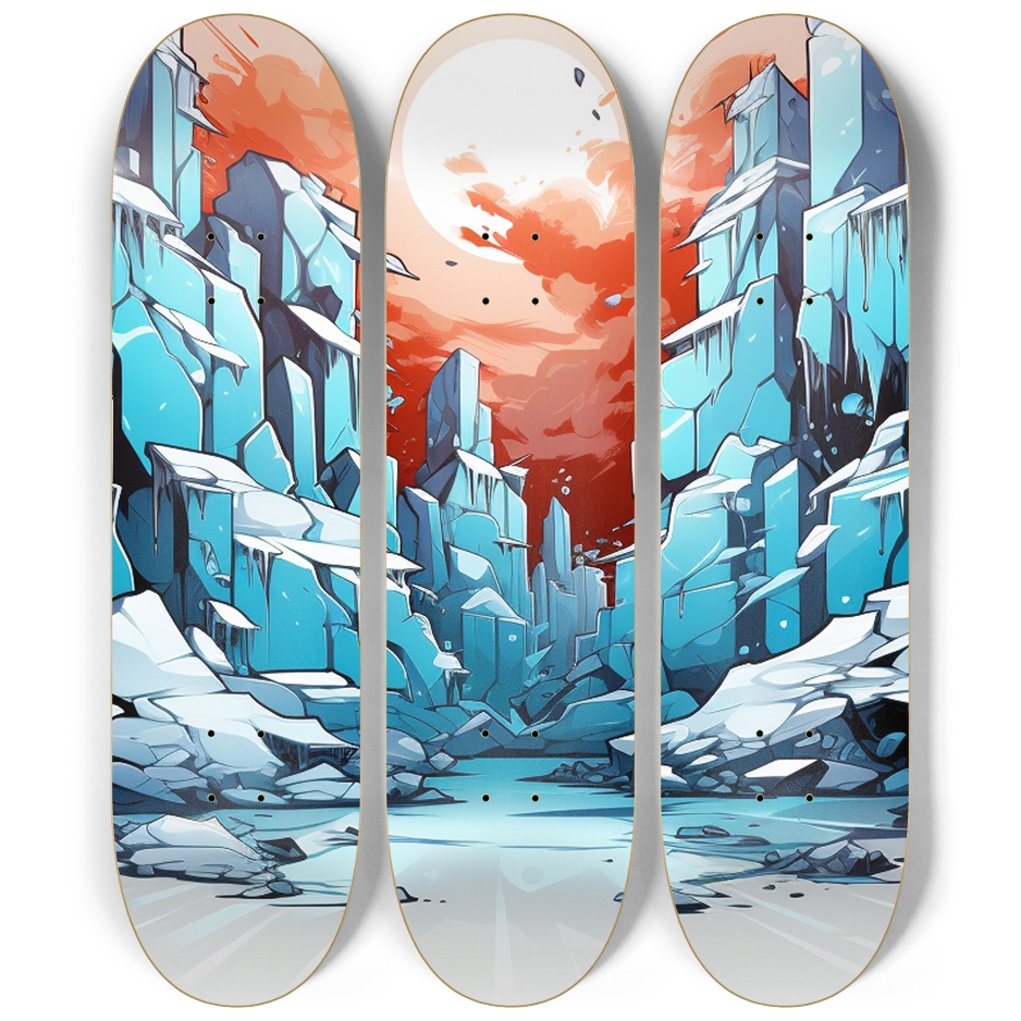 Vivid comic-style skateboard wall art featuring sunset and rocks on Canadian Maple decks.