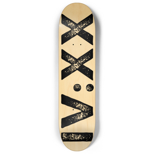Skateboard deck with "IV:XX" in black Roman numerals, symbolizing 4:20 on a natural wood finish, blending timeless tradition with modern cannabis culture.