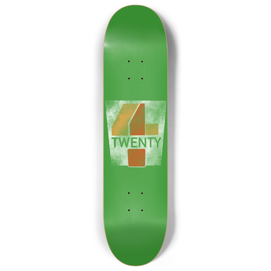 Vibrant green skateboard deck with a 420-inspired take on the 7-Eleven logo, merging pop culture and cannabis references.