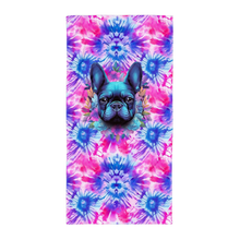 Load image into Gallery viewer, Tie-dye beach towel with cute pug print on table - Full Towel