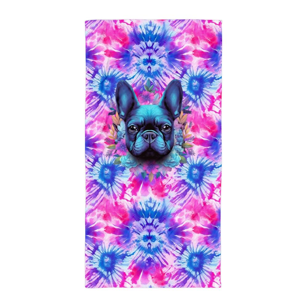 Tie-dye beach towel with cute pug print on table - Full Towel