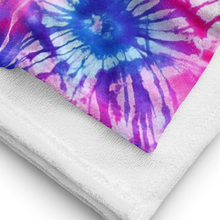 Load image into Gallery viewer, Tie-dye beach towel with cute pug print on table - close up texture view
