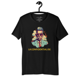  Wrinkled LA Confidential T-shirt Mockup - Weed-Infused Fashion - Hanger - BLACK