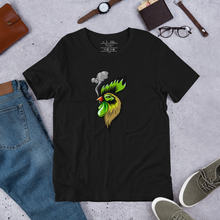 Load image into Gallery viewer, Office view of cannabis-themed T-shirt on table with Summer decor