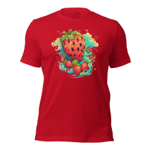 Load image into Gallery viewer, 3D mockupClose-up of the Berry Whirlwind Tee in Crimson, highlighting the dynamic, swirling pattern