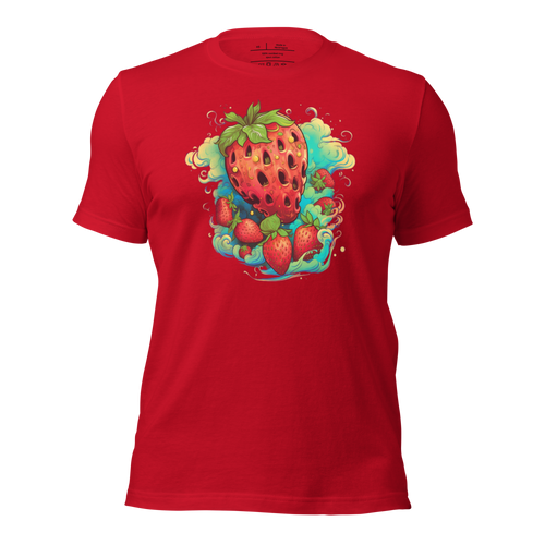 3D mockupClose-up of the Berry Whirlwind Tee in Crimson, highlighting the dynamic, swirling pattern