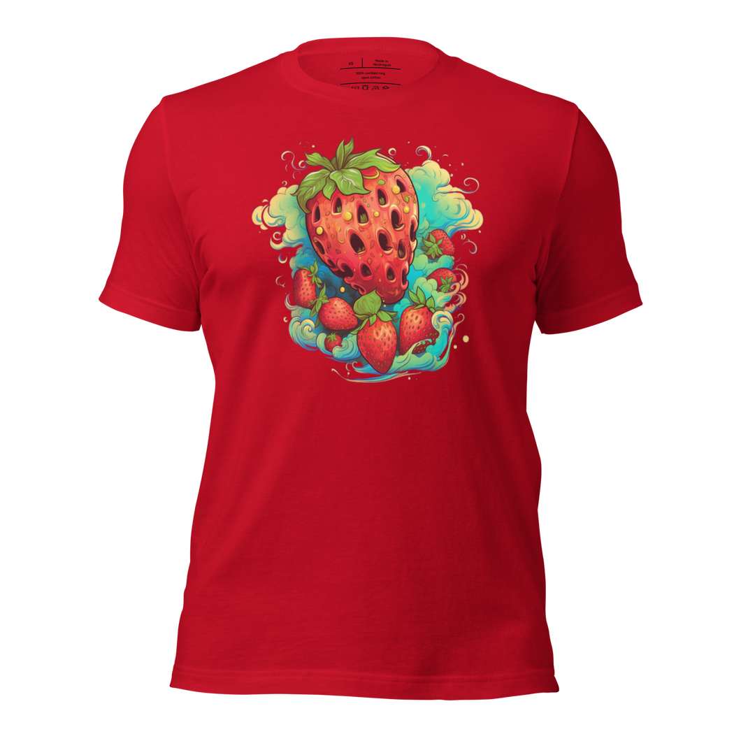 3D mockupClose-up of the Berry Whirlwind Tee in Crimson, highlighting the dynamic, swirling pattern