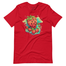 Load image into Gallery viewer, Model sporting the Berry Whirlwind Crimson Tee, embodying the spirit of adventure and freedom. flat wrinkled laid out