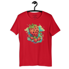 Load image into Gallery viewer, Red Berry porting the Berry Whirlwind Crimson Tee, embodying the spirit of adventure and freedom. on a hanger