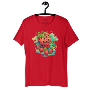 Red Berry porting the Berry Whirlwind Crimson Tee, embodying the spirit of adventure and freedom. on a hanger