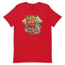 Load image into Gallery viewer, Model sporting the Berry Whirlwind Crimson Tee, embodying the spirit of adventure and freedom. wrinkled laid out