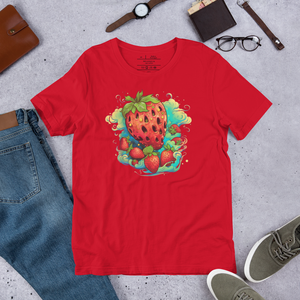 Model sporting the Berry Whirlwind Crimson Tee, embodying the spirit of adventure and freedom. Shirt laid out with geans shoes wallet glasses watch and date book laid out on a break
