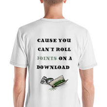 Load image into Gallery viewer, Agent Green Thumb Merch: Channel the Spirit of Vinyl and Joint Rolling. BACK White Mock up model wearing shirt &quot;Cause you can&#39;t roll Joints on a Download&quot; - Male Model - Reclaim the Essence of the Past: CIA Clothing&#39;s Cannabis-Inspired Collection