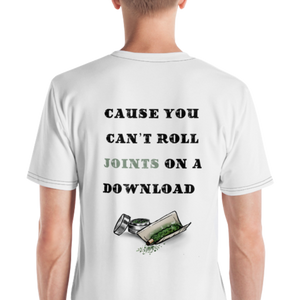 Agent Green Thumb Merch: Channel the Spirit of Vinyl and Joint Rolling. BACK White Mock up model wearing shirt "Cause you can't roll Joints on a Download" - Male Model - Reclaim the Essence of the Past: CIA Clothing's Cannabis-Inspired Collection