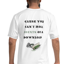 Load image into Gallery viewer, Agent Green Thumb Shirt: Connect with the Simplicity of the Past. Back Logo Original Hand drawn art &quot;Cause you can&#39;t roll joints on a download&quot; - Back male Model  Rediscover the Magic of Vinyl with the &quot;Buy Vinyl All Over&quot; T-shirt