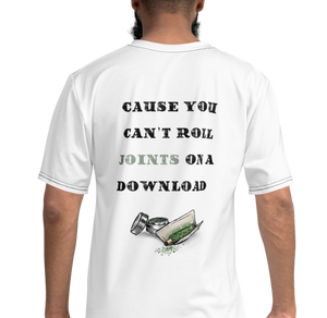 Agent Green Thumb Shirt: Connect with the Simplicity of the Past. Back Logo Original Hand drawn art "Cause you can't roll joints on a download" - Back male Model  Rediscover the Magic of Vinyl with the "Buy Vinyl All Over" T-shirt