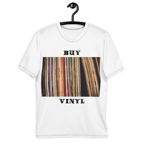 CIA Apparel: Embrace the Nostalgic Vibes of Vinyl and Cannabis. White Hanger Tshirt - Gateway to Tranquility: "Buy Vinyl All Over" T-shirt Hanger