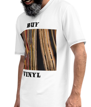Load image into Gallery viewer, Nostalgia Collection Tee: Experience the Enchantment of Vinyl and Cannabis. Model male Profile Natural Casual stance  -   Rediscover the Magic of Vinyl with the &quot;Buy Vinyl All Over&quot; T-shirt