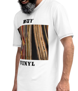 Nostalgia Collection Tee: Experience the Enchantment of Vinyl and Cannabis. Model male Profile Natural Casual stance  -   Rediscover the Magic of Vinyl with the "Buy Vinyl All Over" T-shirt