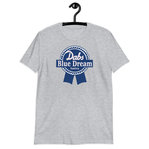 Dabs Blue Dream Sativa T-Shirt | Short-Sleeve T-Shirt | Strains Collection | Cannabis Incognito Apparel CIA | Flat T-shirt Mock Up Model Male Gray Hanger Mock UP