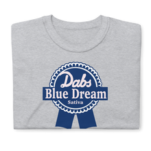 Load image into Gallery viewer, Dabs Blue Dream Sativa T-Shirt | Short-Sleeve T-Shirt | Strains Collection | Cannabis Incognito Apparel CIA | Flat T-shirt Mock Up Model Male Gray Table Top Folded Shirt