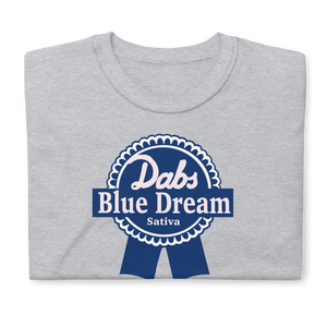 Dabs Blue Dream Sativa T-Shirt | Short-Sleeve T-Shirt | Strains Collection | Cannabis Incognito Apparel CIA | Flat T-shirt Mock Up Model Male Gray Table Top Folded Shirt