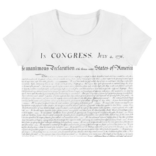 Load image into Gallery viewer, Front view of the CIA Clothing &amp; Prints USA Independence Crop Top, showcasing the vibrant design inspired by the United States Declaration of Independence.