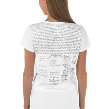 Load image into Gallery viewer, Embrace fashionable secrecy with the Constitution All-Over Print Crop Tee, a unique blend of style and intrigue