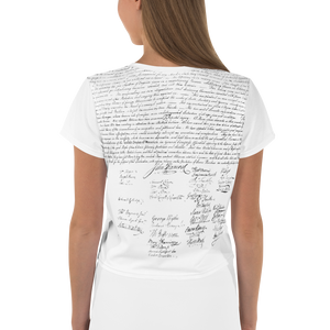 Embrace fashionable secrecy with the Constitution All-Over Print Crop Tee, a unique blend of style and intrigue