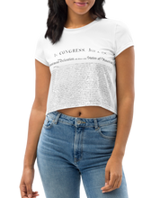 Load image into Gallery viewer, Premium knit fabric in the Constitution Crop Tee, offering unmatched comfort and quality. - Female Model Front