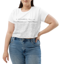 Load image into Gallery viewer, Four-way stretch fabric in the Constitution Crop Tee for a flattering fit and unrestricted movement. - Model Mockup  