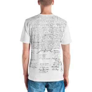 Agent Green Thumb's Constitution All-Over Print T-Shirt worn by a male model, showcasing the fashionable secrecy and cannabis culture, Back