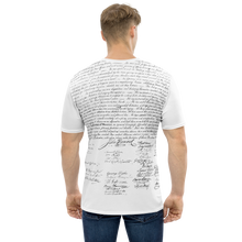 Load image into Gallery viewer, Agent Green Thumb&#39;s Constitution All-Over Print T-Shirt showcased by a female model, embracing the fashion-forward design and cannabis culture - Back male model mockup 