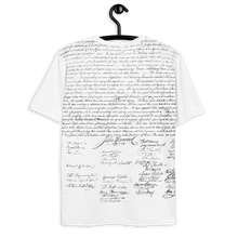 Load image into Gallery viewer, Back view of Agent Green Thumb&#39;s Constitution All-Over Print T-Shirt laid flat, displaying the stylish and intricate design inspired by cannabis culture. - shirt on hanger