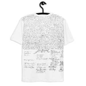 Back view of Agent Green Thumb's Constitution All-Over Print T-Shirt laid flat, displaying the stylish and intricate design inspired by cannabis culture. - shirt on hanger