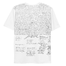 Load image into Gallery viewer, Back view of Agent Green Thumb&#39;s Constitution All-Over Print T-Shirt laid flat, displaying the stylish and intricate design inspired by cannabis culture. - Back Look 