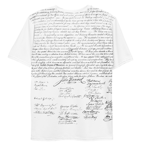 Back view of Agent Green Thumb's Constitution All-Over Print T-Shirt laid flat, displaying the stylish and intricate design inspired by cannabis culture. - Back Look 