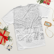 Load image into Gallery viewer, Close-up of the wrinkled texture on Agent Green Thumb&#39;s Constitution All-Over Print T-Shirt, showcasing its unique and casual appeal. - On table wrinkled Christmas ad  BACK