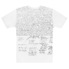 Load image into Gallery viewer, Back view of Agent Green Thumb&#39;s Constitution All-Over Print T-Shirt laid flat, displaying the stylish and intricate design inspired by cannabis culture. - BACK