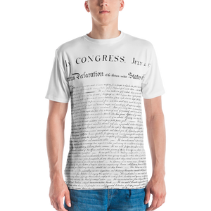 Agent Green Thumb's Constitution All-Over Print T-Shirt worn by a male model, showcasing the fashionable secrecy and cannabis culture - Male Front Mockup shot