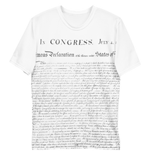 Load image into Gallery viewer, Back view of Agent Green Thumb&#39;s Constitution All-Over Print T-Shirt laid flat, displaying the stylish and intricate design inspired by cannabis culture. - Front Relaxed Wrinkled FRONT 