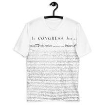 Load image into Gallery viewer, Back view of Agent Green Thumb&#39;s Constitution All-Over Print T-Shirt laid flat, displaying the stylish and intricate design inspired by cannabis culture. - Tshirt Hanger mockup