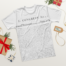 Load image into Gallery viewer, Back view of Agent Green Thumb&#39;s Constitution All-Over Print T-Shirt laid flat, displaying the stylish and intricate design inspired by cannabis culture. - FRONT Christmas