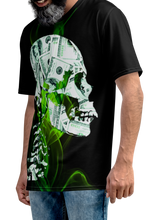 Load image into Gallery viewer,  Quarter view of Male wearing Money Skull T-Shirt - Happy laughing 